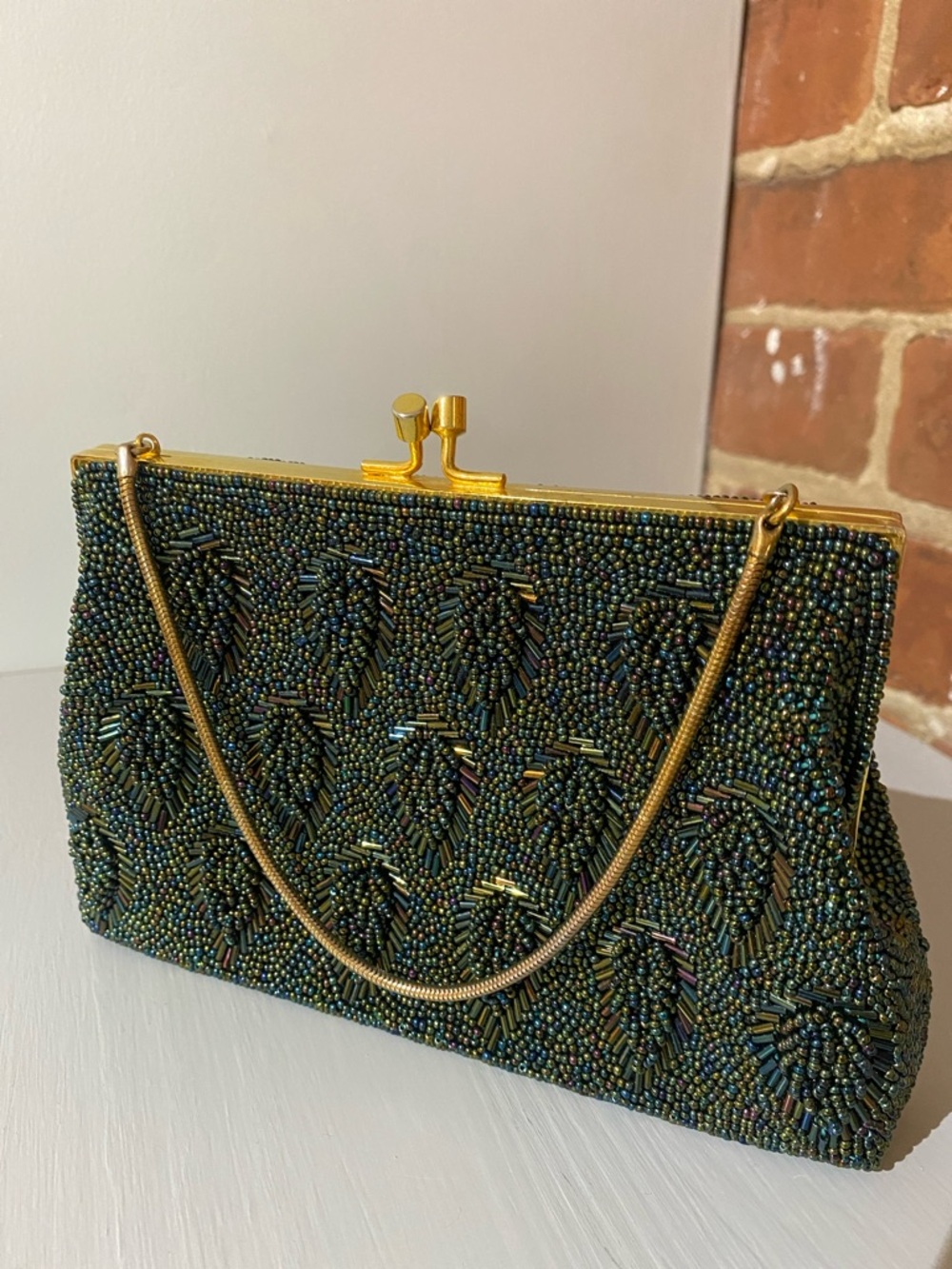Vintage Hand Crafted Beaded Dark Green Evening Clutch with Gold Accents